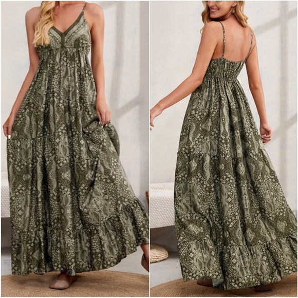 BellanBlue Dresses & Skirts - Bohemian Gypsy Army Green Ruffle Cami Maxi Dress Floral